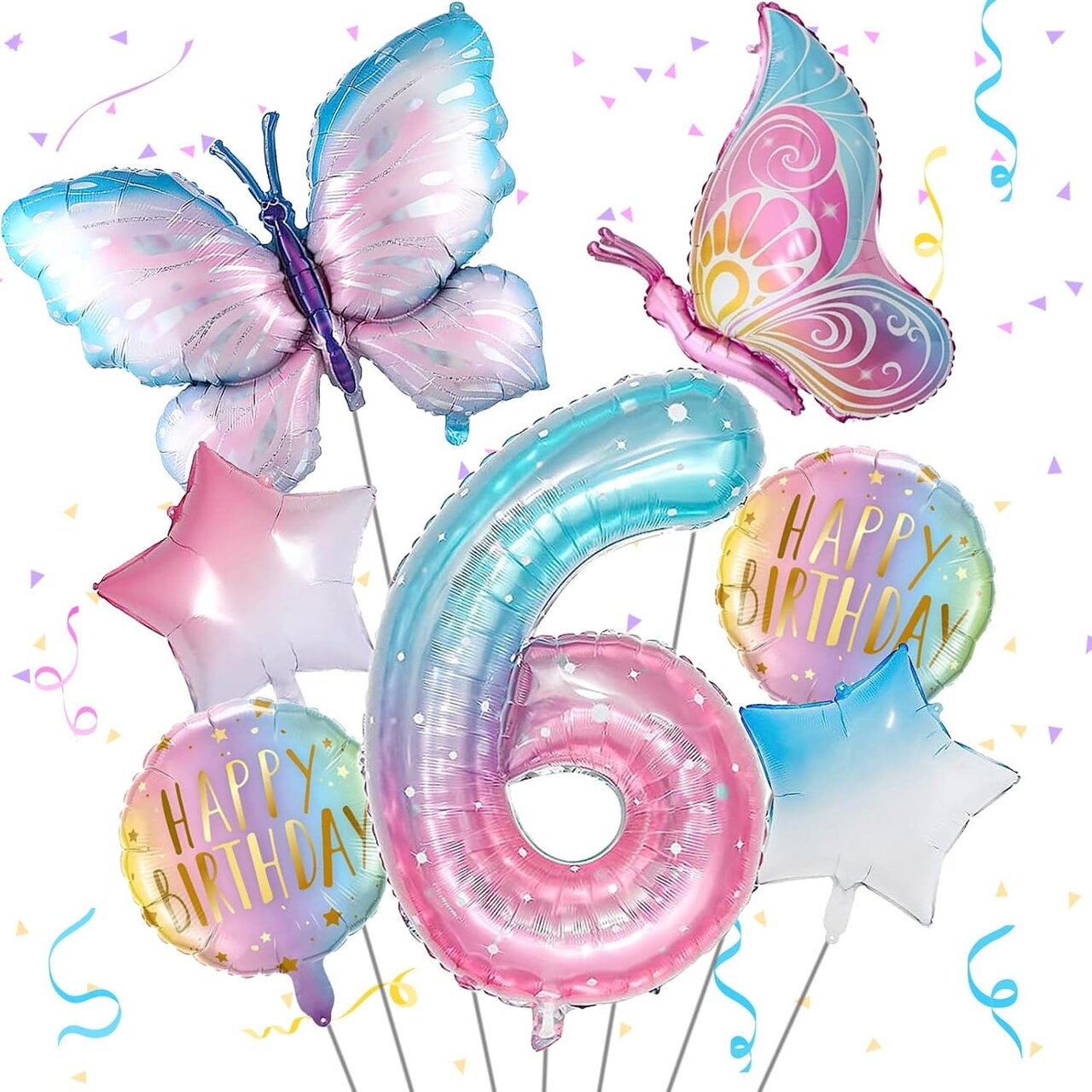 Butterfly Birthday Balloons – 6th Birthday Decorations for Girls, Gradient Pink Foil Balloons, Giant Number 6 Mylar Balloon, Butterfly Theme Party Supplies (Colorful - 6)